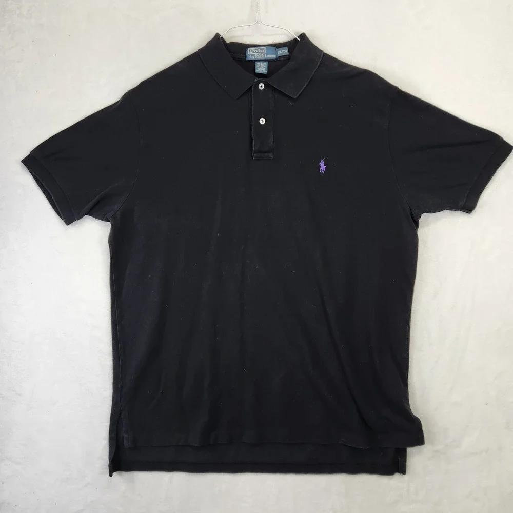 Polo Ralph Lauren Mens XL Black Pique Cotton Short Sleeve Polo Shirt Purple Pony